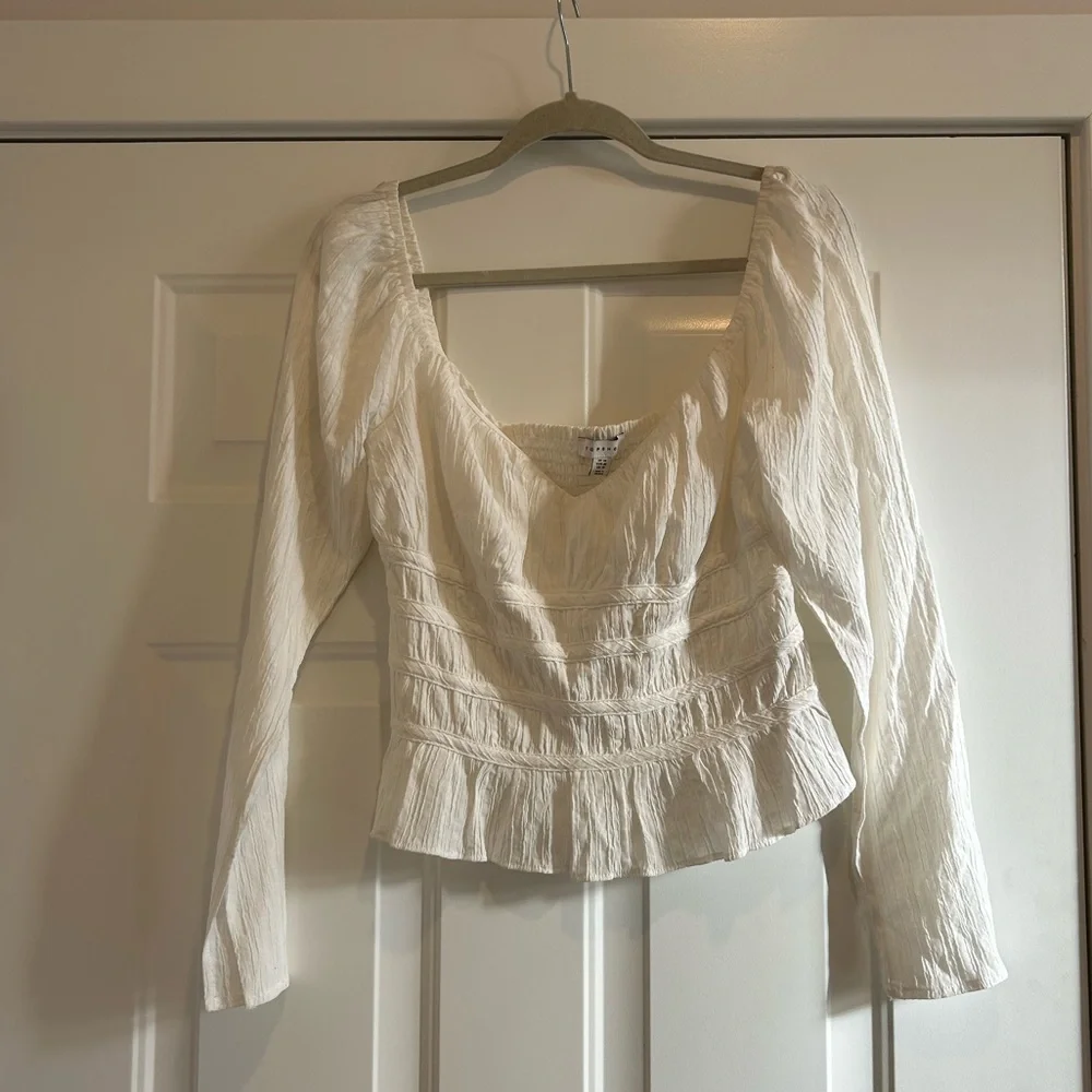 Topshop sweetheart neck textured long sleeve top in ivory